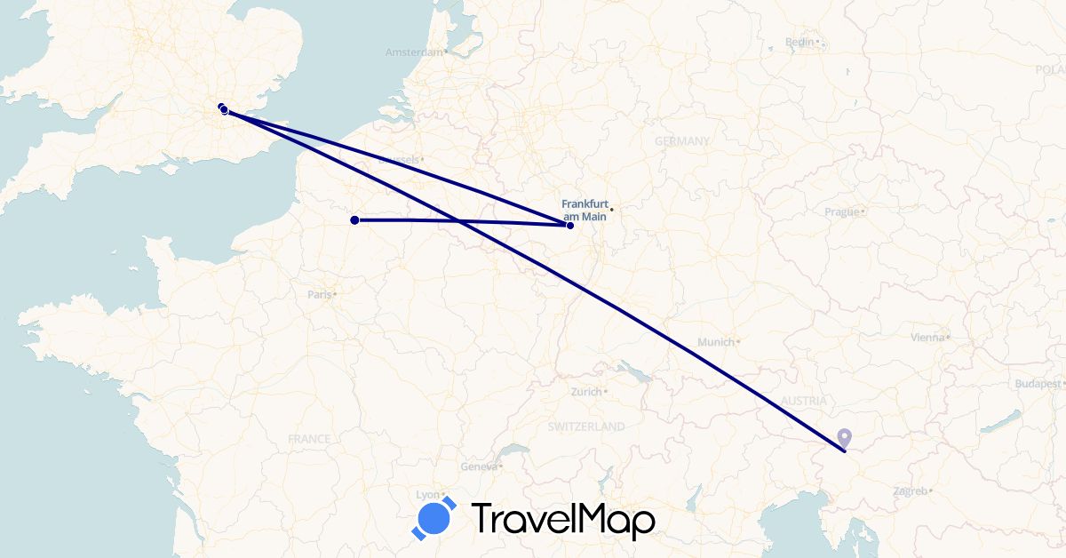 TravelMap itinerary: driving in Germany, France, United Kingdom, Slovenia (Europe)